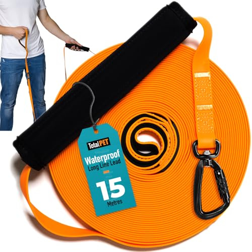 Total Pet Trainingsleine für Hunde, wasserdichte lange Leine für Schlepp- & Gehorsamkeitstraining – Extra lange Hundeleine – geeignet für alle Hundegrößen (15 m, Karabinerhaken)