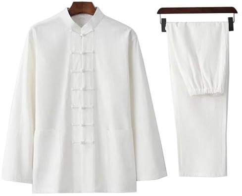DAYKET Abbigliamento Tai Chi da Uomo, Uniforme Tradizionale Cinese per Arti Marziali, Set di Kung Fu in Cotone e Lino, Camicia a Maniche Lunghe, Pantaloni e Completo,White-M