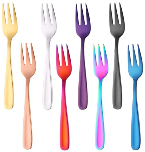 FUZVOL 8 Pcs Dessert Forks 5.5 Inch/14 CM Stainless Steel Fruit Cake Fork Coloured Mini Appetizer Pastry Forks for Home Restaurant & Bar