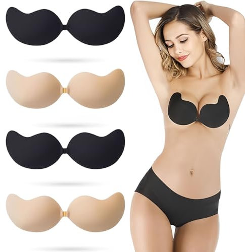 YcsRnn 4Pack Sticky Bra, Push Up Sticky Bra, Adhesive Push Up, Stick On for Low Cut Dress, Wedding, Party, Beach, Daily Wear (Skin Tone A*2, Black A*2)
