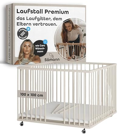 Sämann Laufstall Baby mit 3 Schlupfsprossen | TÜV geprüft | stufenlos höhenverstellbar | Laufgitter Premium | Babybett aus Holz | Krabbelgitter (sahara dust, 100x100 cm)