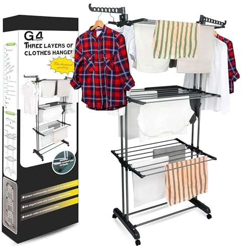 G4GADGET 4 Tier Clothes Drying Rack – Foldable Adjustable Airer with Side Wings | Indoor Outdoor Laundry Hanger Stand | Heavy Duty Portable Clothes Horse | Black