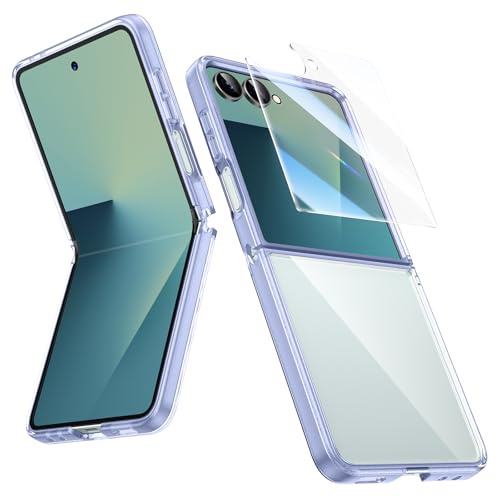 HWeggo for Samsung Galaxy Z Flip 7 Case, with Outer Screen Protector, Clear Slim Phone Case, Ultra-Thin Hard PC Back& Soft TPU Edges, Crystal Anti-Scratch Protective Phone Cover (Purple Frame)