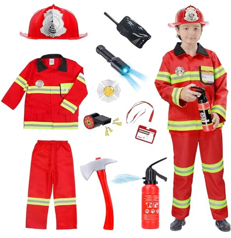 Hengrongshen Brandkårskostym, barnset, brandmanskostym, barn, karnevaldräkter med brandsläckare, tass, tillbehör för cosplay, rollspel, leksaker (3–4 år)