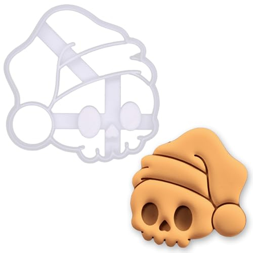 BAKERLOGY Niedlicher Totenkopf mit Weihnachtsmütze Ausstechform – Lustige Gothic Plätzchenform für Weihnachten