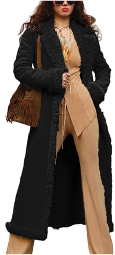 TOFOTL Wildleder Mantel Damen Fleece- Bodenlang Dicker Jacken Bodenlanger Mont Grosse Grössen Mantel Longjacke Fell Vintage Leder Lange Winterjacke Wildleder Jacke für Damen Schwarz M