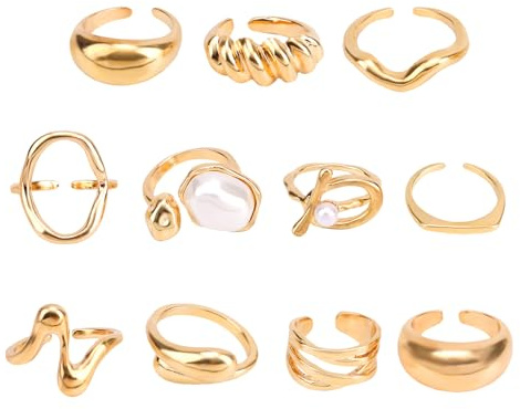 11pcs Chunky Gold Rings for Women, Adjustable & Stackable Geometric Baroque Pearl Rings Set Boho Vintage Jewelry Gift & Decor