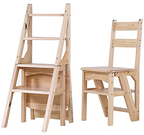 LWJSOCP Chaise échelle Pliante en Bois, escabeau, Chaise de comptoir Pliable, Tabouret escabeau pour Adultes, Tabouret escabeau rétro pour Cuisine, Chaise échelle 2 en 1 avec étagère de ra