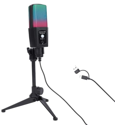 Tomvorks Microfono da Tavolo USB con Illuminazione RGB per Streaming di Giochi, Microfono Plug and Play con Cancellazione del Rumore per Computer