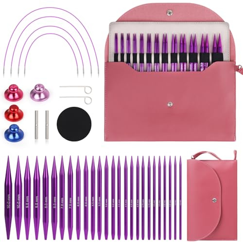 Coopay Auswechselbare Rundstricknadeln Set, 3,0-10,0 mm Rundstricknadeln (4 Längen verstellbar), Stricknadeln Rundstricknadel mit Aufbewahrungstasche,Austauschbare Rundstricknadel, Lila