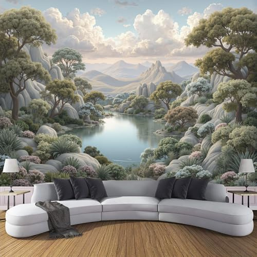 ZISTRCBAO Lac De La Forêt Papier Peint Panoramique 150x105cm, Papier Peint Soie Style Rétro Naturel, Mural Poster Tableaux Muraux Pour Salon Chambre Décoration Murale, Vert