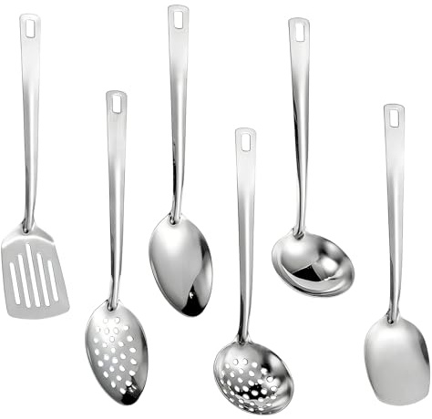 WIYETY Juego de 6 utensilios de cocina plateados, juego de utensilios de cocina de acero inoxidable, utensilios de cocina, accesorios para el hogar, aptos para lavavajillas, color plateado