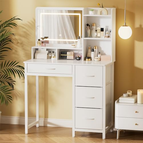 Kitsure Vanity Desk with Mirror and Lights, Large Capacity, Fabric Drawers