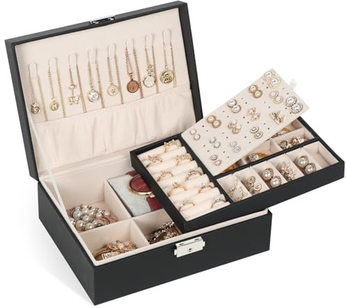 Schmuckkästchen Damen, Schmuckschatulle mit 2 Ebenen und Schloss, PU-Leder Schmuckkasten, Schmuckbox für Ringe, Ohrringe, Halsketten, Armbänder, Schmuck Organizer, Geschenk für Frauen Mädchen(Schwarz)