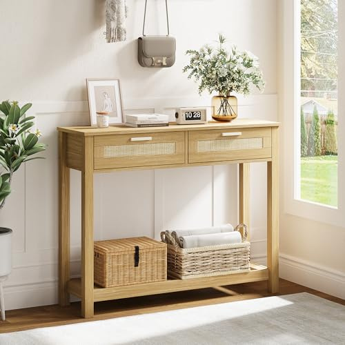 ROCSUMOO Rattan Konsolentisch Console Table mit 2 Schubladen, Moderner Beistelltisch mit Einer Ablage, schmaler Sofatisch mit Kippschutz, Flur Möbel, Eingang, Wohnzimmer (Natürlich)