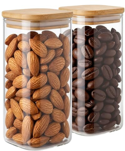 Trukafie 2 Stück Vorratsgläser mit Deckel, 1500ml Vorratsdosen Glas mit Bambusdeckel Luftdicht Aufbewahrungsgläser Vorratsgläser Eckig für Küchen Cornflakes Müsli Reis Mehl Kaffee Nudeln