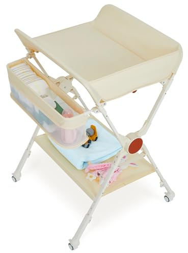 Table à langer bébé avec Poches Latérales et roulettes,Table à langer pliante portable avec étagères De Rangement,Hauteur Réglable,Meuble à lange en cadre métal -Jusqu'à 25 Kg Pour 0-12 mois(Beige)