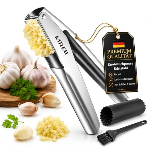 Profi Knoblauchpresse Edelstahl, Garlic Press Spülmaschinenfest - mit Schäler und Bürste, Leicht zu Quetschen, Leicht zu Reinigen, Bequem zu Halten, für Knoblauch & Ingwer (Kein Schälen Nötig)