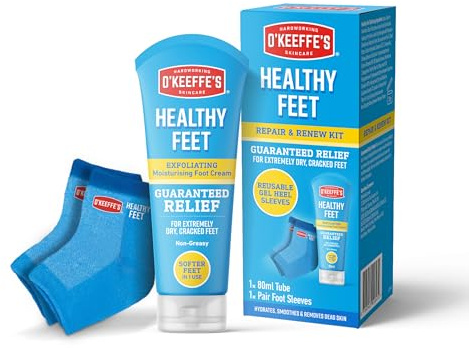 O'Keeffe's Healthy Feet Repair & Renew Kit – Exfoliating Foot Cream 80ml & Reusable Gel Heel Sleeves for Extremely Dry, Cracked Heels – Softer Heels in One Use