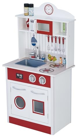 Teamson Kids Little Chef Madrid Classic Interactive Wooden Play Kitchen with Sink, Oven and Microwave and Storage Space for Easy Clean Up, White with Red Accents