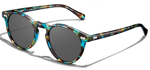 Carfia Retro Rotondi Occhiali da Sole da Donna Polarizzati UV400 Protezione, Cornice Tartarugati Blu Lenti Grigio