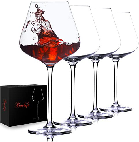 BACLIFE Lot de 4 verres à vin rouge soufflés à la main – Verres à vin bordeaux de 652 g avec longue tige – Grand verre à vin en cristal de qualité supérieure – Cadeau unique pour mariage, anniversaire