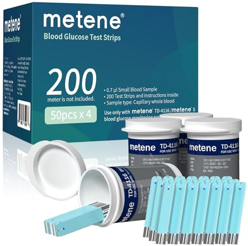 Metene TD-4116 Blood Glucose Test Strips, 200 Count Test Strips for Diabetes, Use with metene TD-4116 and metene S Blood Glucose Monitor Only(No Monitor)