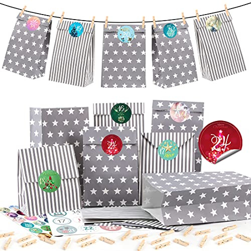 Adventskalender zum Befüllen Grau,25 Adventskalender Papiertüten mit Zahlenaufklebern,DIY Weihnachtskalender zum Befüllen, Geschenktüten Weihnachts,Adventskalender Selber Basteln für Weihnachtszeit