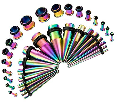 Huacan Dehnstäbe Set 1-10 mm Tunnel Dehnset 36 Stück Dehnstab Dehnungsstäbe Plugs Schwarz Silber Bunte Farbe Edelstahl Klassisch Punk Expander für Damen Herren