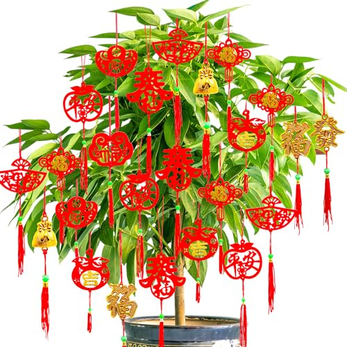 Doumeny Chinese New Year Hanging Decoration 48Pcs Spring Festival Hanging Pendant Chinese Knot Ornament Horse Year Good Luck Fu Wealthy Pendant for 2026 New Year Office Home Tree Outdoor Indoor Decor