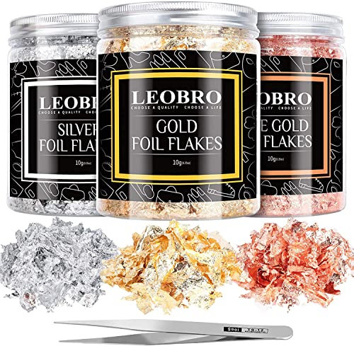 Imitation Gold Flocken, LEOBRO 30G Goldfolie Flocken zum Künstlerbedarf Basteln und Malen, 3 Set Blattmetall Blattgold Flocken für Epoxidharz, Nagelkunst, Resin, Dekoration, Kunsthandwerk,mit Pinzette