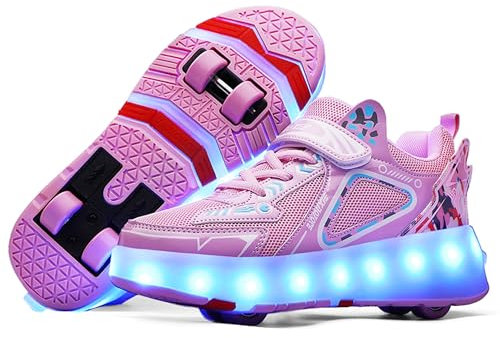 YongerYong Schuhe mit Rollen für Mädchen Jungen, Rollschuhe-Sneaker mit 4 Rollen für Kinder, Verstellbar Straßen-Schuhen zu Rollschuh mit LED Blinkend
