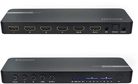 KanaaN 4x2 HDMI 2.0 Matrix Switch Splitter 4K@60Hz - Soporta HDCP 2.2 - Escala HDMI 4K 1080p @ 60Hz, 4 in 2 Out 18 Gbit/s, ARC, SPDIF/Toslink/coaxial y estéreo 3.5mm Audio Extractor