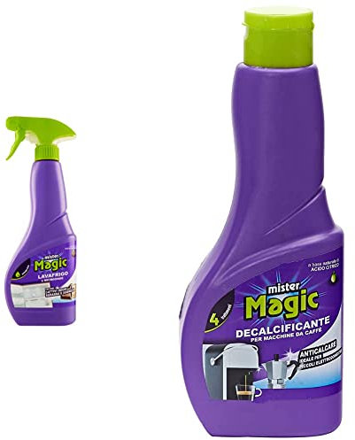 Mr Magic Detergente Lavafrigo e Microonde, Sgrassa e Igienizza, Previene i Cattivi Odori & Mr Magic Decalcificante Macchinetta caffè, Trattamento Anticalcare per Piccoli Elettrodomestici