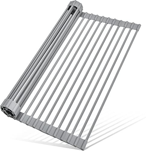 MERRYBOX Roll Up Dish Drying Rack, Over The Sink Dish Rack Foldable, Heat-Resistant, Anti-Slip Silicone Coated Steel Dish Drainer for Kitchen Sink, Multipurpose Roll Up Sink Drying Rack, 17.5 x 13