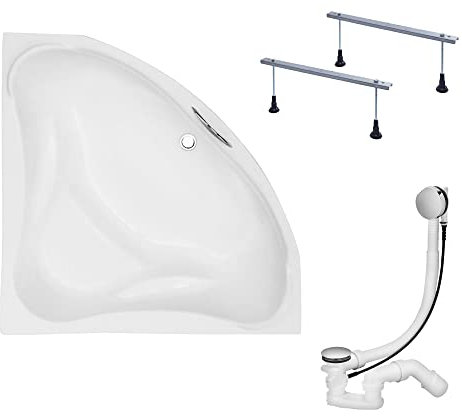KOLMAN Badewanne EWA Eckbadewanne 134x134 ohne Verkleidung, Ablaufgarnitur und Füßen Komplettset 3in1 Premium Original Acryl Wanne Siphon