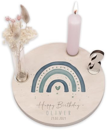 Personalisierter Geburtstagsteller aus Holz mit Kerzenhalter, Vase & Jahres Zahlen - Geburtstagsdeko mit Name - 1. Geburtstag Baby & Kinder Geschenk - ⌀16 cm x 12mm - hellomini (Regenbogen blau)