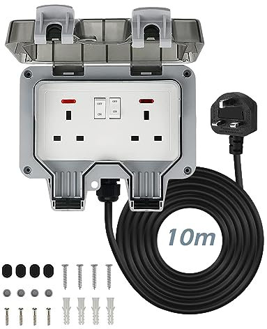 humpun 10m Outdoor Socket Waterproof, IP66 Rated Sockets for Outdoors, Double Socket with 10M Cable, Courtyard Weatherproof Outdoor Sockets 13 Amp, 2 Gang Storm Switched Outside Power Socket