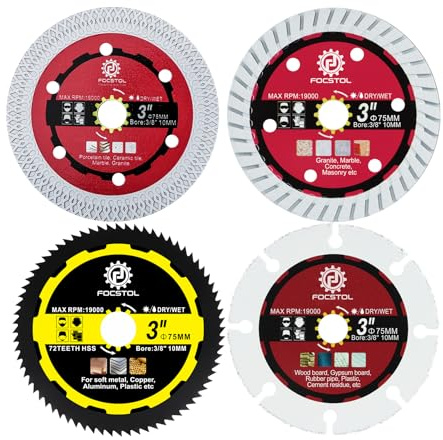 FOCSTOL Diamant Trennscheibe Set - 4 Stück 75mm x 10mm Diamant Sägeblatt für Porzellan Fliesen Holz Beton Metall für Winkelschleifer