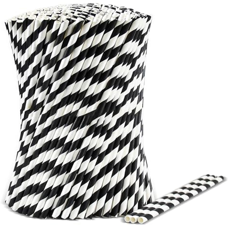 Pajitas de papel desechables, 1000 unidades, para restaurante, hogar, fiesta, 19,7 x 0,6 cm, a rayas blancas y negras