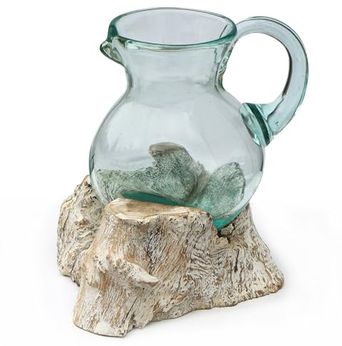 Wogeka - White Line Collection - Weißer Glas Krug auf Wurzel-Holz - Maritime Mediterrane Deko als Geschenk-Idee zu Weihnachten Geburtstag zur Dekoration (Krug Lw)