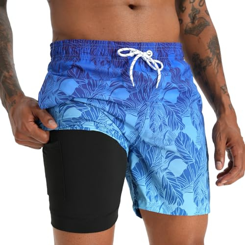 iCKER Swim Shorts Men Swim Trunks 2 in 1 Compression Liner Quick Dry Swimming Board Beach Shorts,Blue STK273,XL