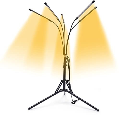 Anzuchtlampe für Indoor Pflanzen mit Ständer 5-Köpfe Boden Pflanzenlampe Full Spectrum LED Pflanze Anbaulampe mit 4 8 12H Timer, Dimmbare Helligkeit, Fernbedienung und Auto ON/Off