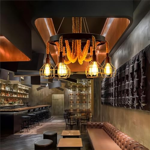 RuiRfh Industrielle Vintage Pendelleuchte mit 6 Lichtern Hanfseil Kronleuchter schwarzes Metallwagenrad rustikaler Art Deco Stil hängende Deckenleuchte höhenverstellbar für Esszimmer Wohnzimmer Zuhaus