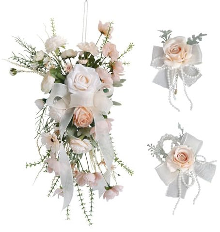 Belupai Künstlicher Brautstrauß, 3er-Set, Künstliche Hochzeits-Handgelenk-Corsage und Brautsträuße, Künstliche Rosen, Blumen für Hochzeits-Boho-Dekoration, Hochzeitszeremonie und Jubiläumsdekoration
