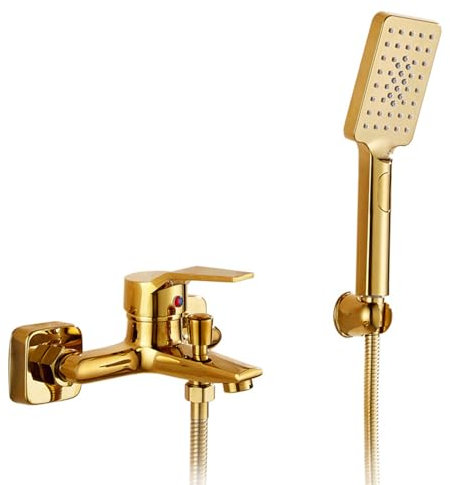 BiaoTeng Badewannenarmatur mit Brause Gold, Messing Wandmontage Einhandmischer Badewanne Waschbecken Armatur Set Armatur Badewanne Set, Gold