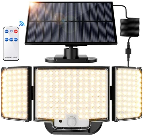 Solarlampen für Außen, 212LED Große Solarleuchte Aussen mit Bewegungsmelder, IP65 Wasserdichte Solar Strahler mit 3 Modi, 340°Beleuchtungswinkel, Solarlampen für Garage (1 Stück - Warmweiß)