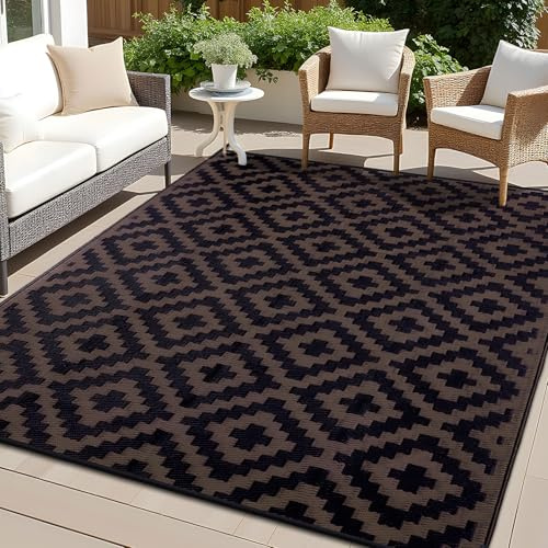 OLANLY Wasserdichter Outdoor-Teppich, 1,8 x 2,7 m, Kunststoff-Strohteppich für Camping, Wohnmobil-Matte, Außenbereich, Outdoor-Teppich für Veranda, Deck, Hinterhof, Balkon, Picknick, Schwarz und Braun