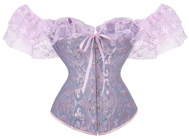 LYSINK Corsé para mujer con hombros descubiertos y manga de encaje, lazo frontal, vintage, floral, deshuesado, corpiño renacentista, A-morado., L