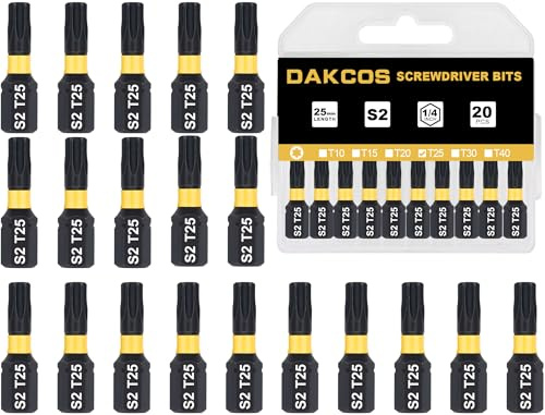 DAKCOS T25 Bit, embouts vissage Torx T25 pour tournevis, acier S2 | tige hexagonale 1/4 (longueur : 25 mm, 20 pièces)